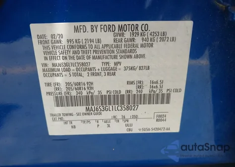 2020 Ford Ecosport Se from USA, damaged, VIN MAJ6S3GL1LC358027